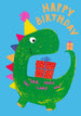 Mrs Best Paper Co. Paper Salad Happy Birthday card featuring a green dinosaur with neon party hat and gift boxes