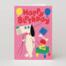 Mrs Best Paper Co. Studio Boketto birthday card featuring a cubist dog illustration with balloons on a pink background