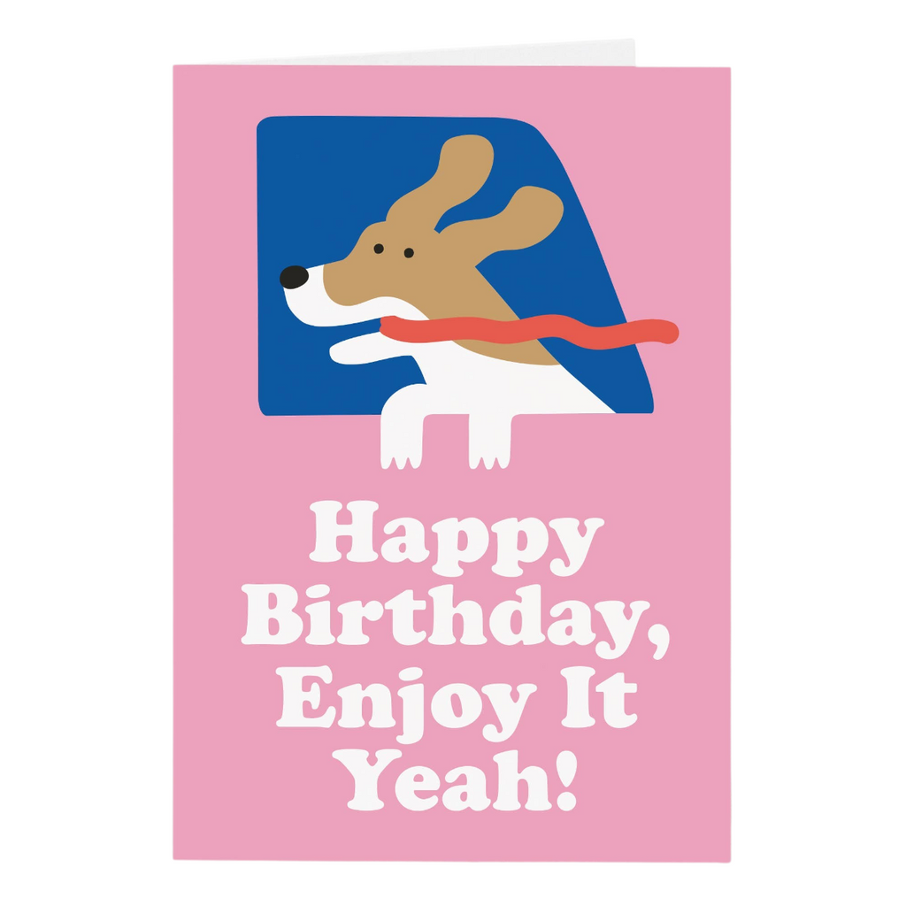Mrs Best Paper Co. A6 matte birthday card featuring a dog in a car window on a bright pink background.