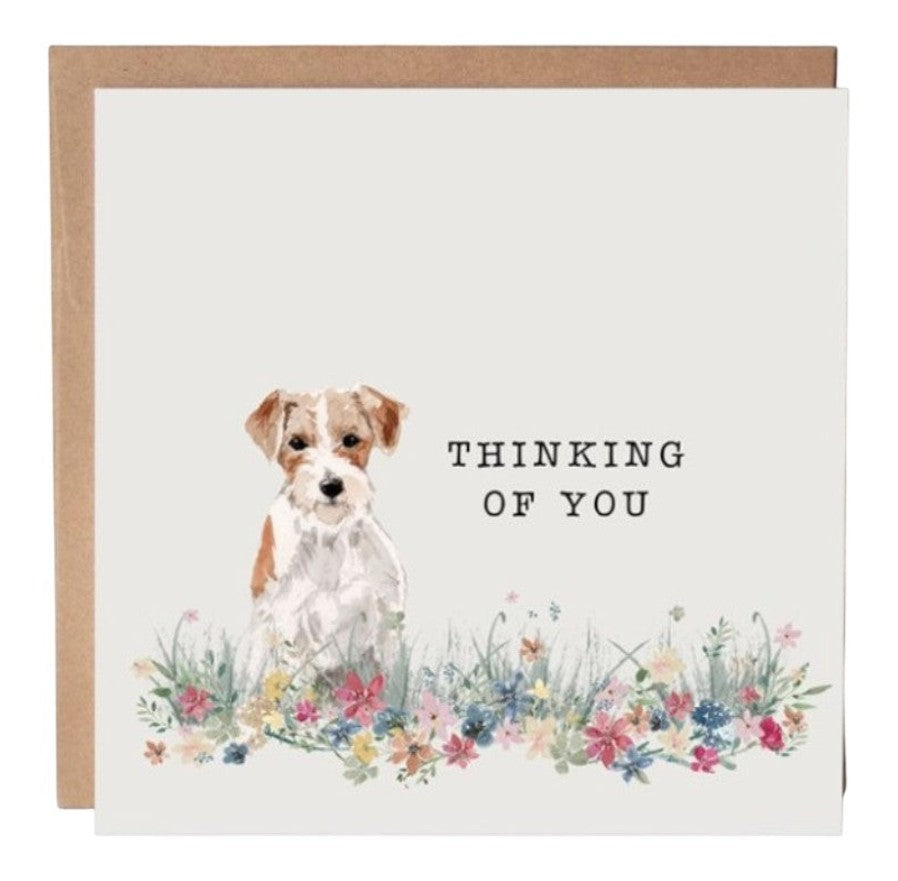 Mrs Best Paper Co. square greeting card featuring a watercolor dog illustration and Thinking of You text with flowers