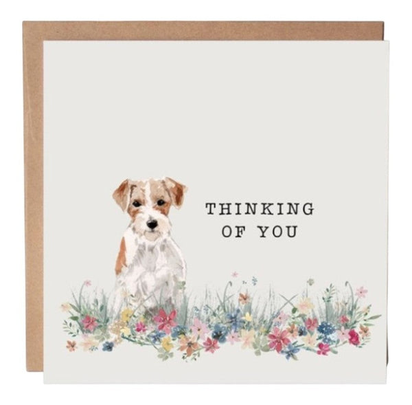 Mrs Best Paper Co. square greeting card featuring a watercolor dog illustration and Thinking of You text with flowers
