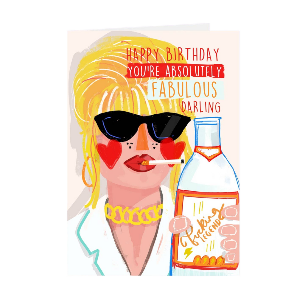 Mrs Best Paper Co. birthday card featuring a vibrant illustration of a woman with blonde hair, sunglasses, and drink.