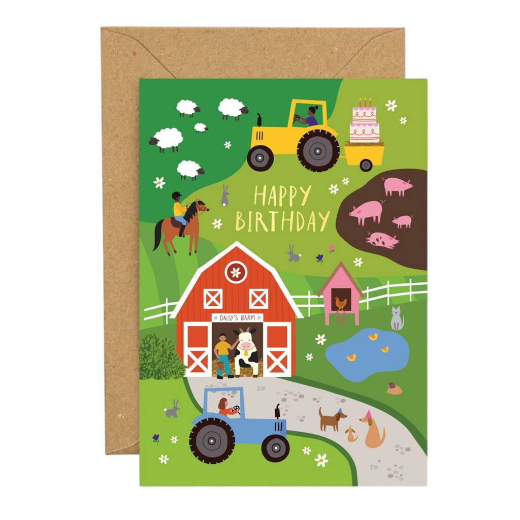 Mrs Best Paper Co. Mifkins Farm birthday card with gold foil details, featuring a vibrant rural scene and envelope.