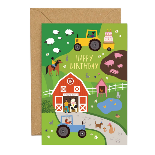 Mrs Best Paper Co. Mifkins Farm birthday card with gold foil details, featuring a vibrant rural scene and envelope.