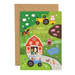 Mrs Best Paper Co. Mifkins Farm birthday card with gold foil details, featuring a vibrant rural scene and envelope.