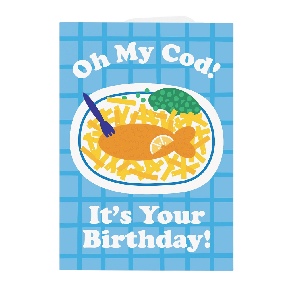 Mrs Best Paper Co. Oh My Cod birthday card featuring a fish and chips illustration on a blue checkered background.