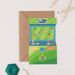 Mrs Best Paper Co. Football Frenzy arcade game shaped birthday card with a kraft envelope and coloured pencils.