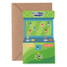 Mrs Best Paper Co. Football Frenzy arcade game shaped birthday card with a recycled kraft envelope on a desk.