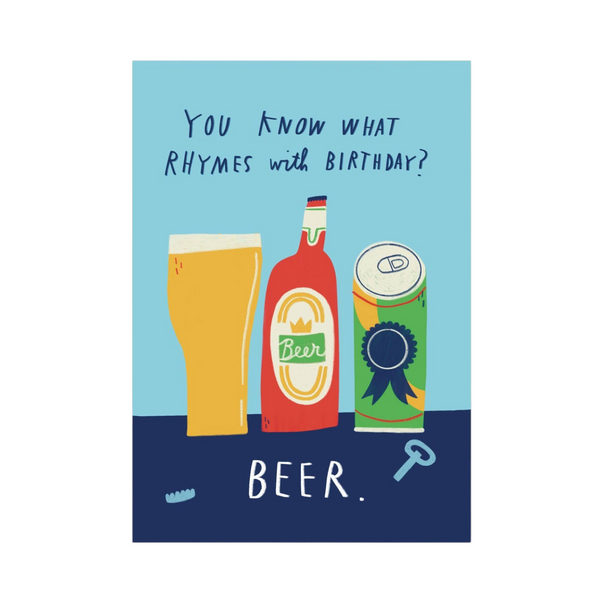 Mrs Best Paper Co. birthday card with a blue background featuring illustrated beer glass, bottle, and can graphics.