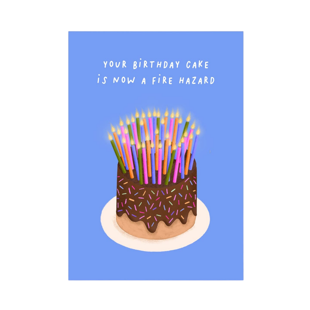 Mrs Best Paper Co. funny birthday card featuring a chocolate cake with many lit candles and fire hazard text