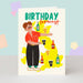 Mrs Best Paper Co. birthday card featuring a funny weather forecast illustration with drinks and a person on a map