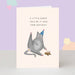 Mrs Best Paper Co. funny birthday card featuring a grey cat in a party hat with a birdie on a cream background