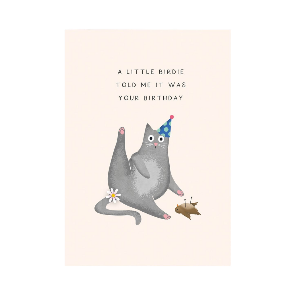 Mrs Best Paper Co. funny birthday card featuring a grey cat in a party hat with a bird, A6 size on 300gsm card