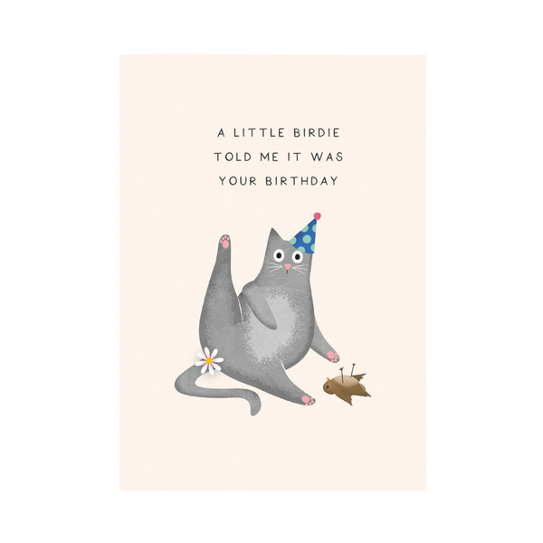 Mrs Best Paper Co. funny birthday card featuring a grey cat in a party hat with a bird, A6 size on 300gsm card