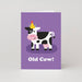 Mrs Best Paper Co. Studio Boketto funny birthday card featuring a cow in a party hat on a purple background.