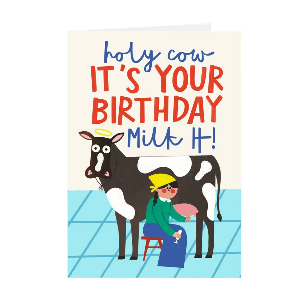 Mrs Best Paper Co. funny birthday card featuring a cartoon cow and person with the text Holy Cow It's Your Birthday