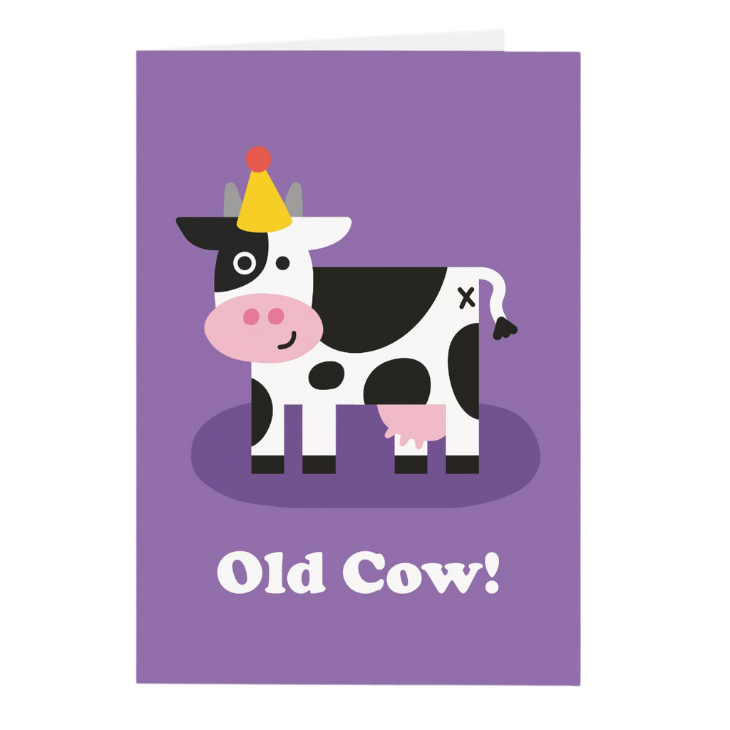 Mrs Best Paper Co. funny A6 birthday card featuring a smiling cow in a party hat on a purple background