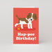 Mrs Best Paper Co. Studio Boketto Hap-pee Birthday card featuring a cute illustrated puppy on a red background.