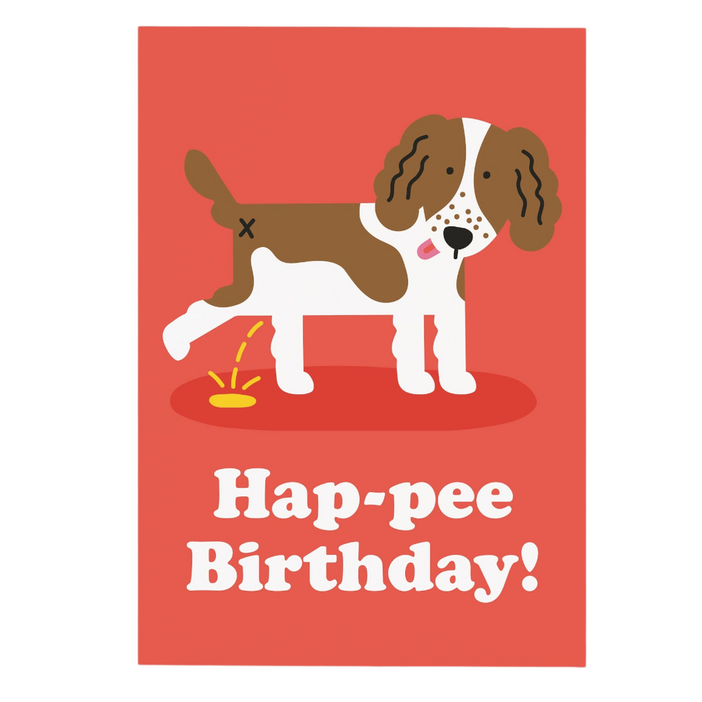 Mrs Best Paper Co. Studio Boketto funny birthday card featuring an illustrated dog with Hap-pee Birthday text