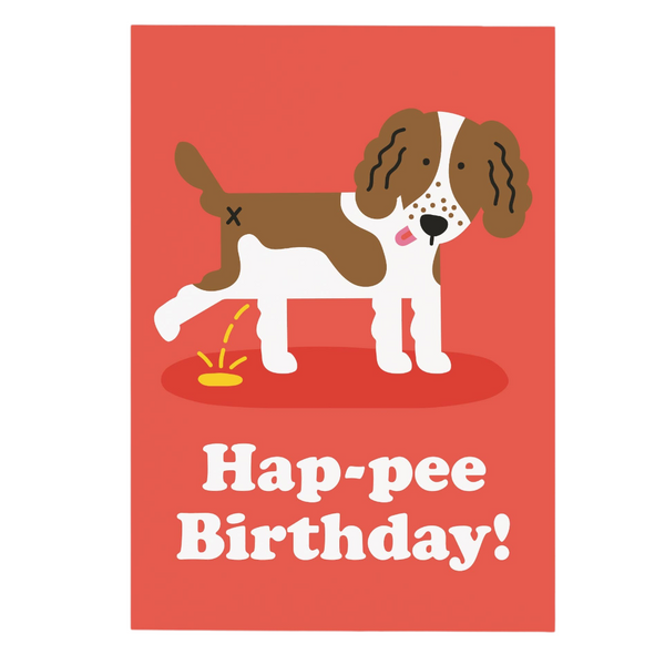 Mrs Best Paper Co. Studio Boketto funny birthday card featuring an illustrated dog with Hap-pee Birthday text