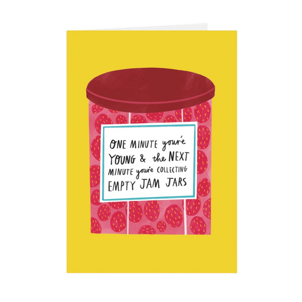 Mrs Best Paper Co. funny birthday card featuring a strawberry jam jar illustration on a bright yellow background.