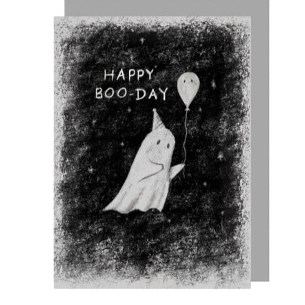 Mrs Best Paper Co. East of India birthday card featuring a whimsical ghost in a party hat holding a balloon
