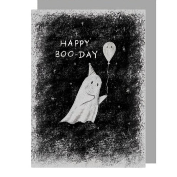 Mrs Best Paper Co. East of India birthday card featuring a whimsical ghost in a party hat holding a balloon