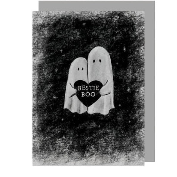 Mrs Best Paper Co. East of India greeting card featuring two whimsical ghosts holding a black Bestie Boo heart