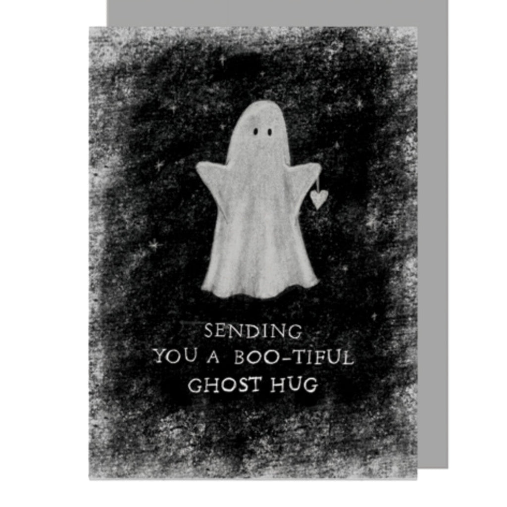Mrs Best Paper Co. East of India greeting card featuring a cute ghost holding a heart on a textured black background.