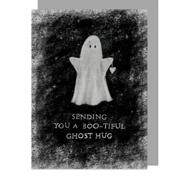 Mrs Best Paper Co. East of India greeting card featuring a cute ghost holding a heart on a textured black background.