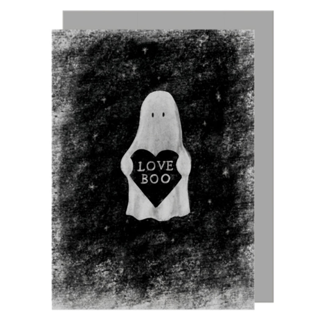 Mrs Best Paper Co. East of India greeting card featuring a whimsical ghost holding a black heart with Love Boo text.