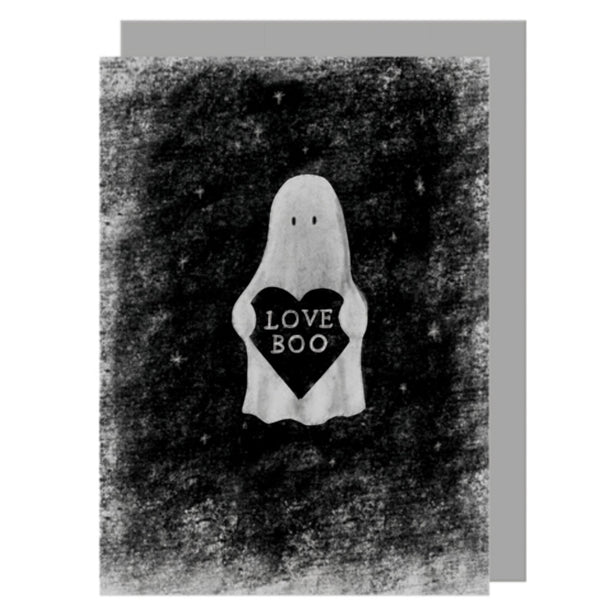 Mrs Best Paper Co. East of India greeting card featuring a whimsical ghost holding a black heart with Love Boo text.
