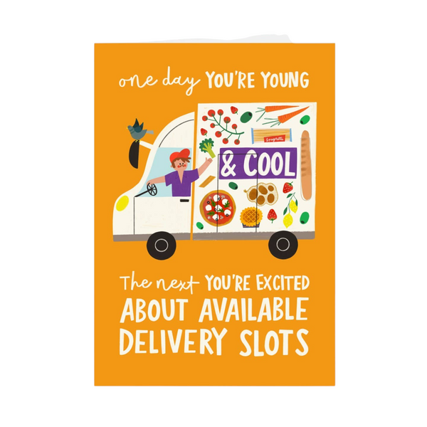 Mrs Best Paper Co. funny birthday card featuring a grocery delivery van illustration on an orange background.