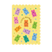 Mrs Best Paper Co. Mifkins gummy bear birthday card with pastel bears, gold foil text, and scalloped yellow edges.
