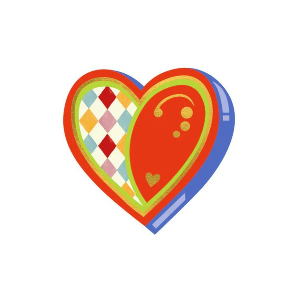 Mrs Best Paper Co. heart greeting card with gold foil, embossed details, and a colorful harlequin pattern.
