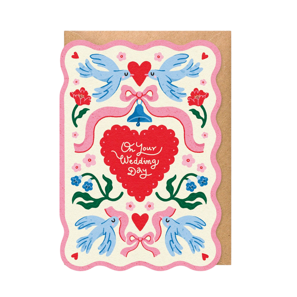 Mrs Best Paper Co. illustrated wedding card featuring blue birds, red hearts, and floral motifs on cream paper.