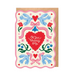 Mrs Best Paper Co. illustrated wedding card featuring blue birds, red hearts, and floral motifs on cream paper.