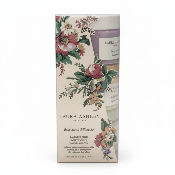 Mrs Best Paper Co. Laura Ashley 3-piece body scrub set featuring Lavender Field, Sweet Vanilla, and English Garden scents