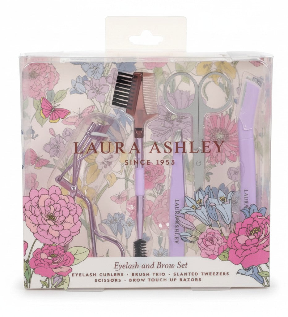 Mrs Best Paper Co. Laura Ashley 5-piece eyelash and brow grooming set in floral packaging with purple tools.