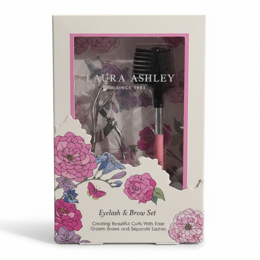 Mrs Best Paper Co. Laura Ashley Eyelash & Brow Set featuring a metal curler and dual-ended brush in floral packaging