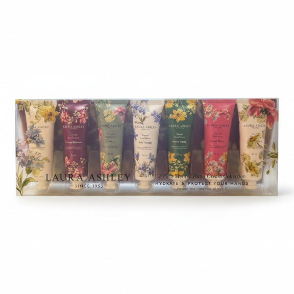 Mrs Best Paper Co. Laura Ashley set of seven floral scented hand creams in a clear display box.