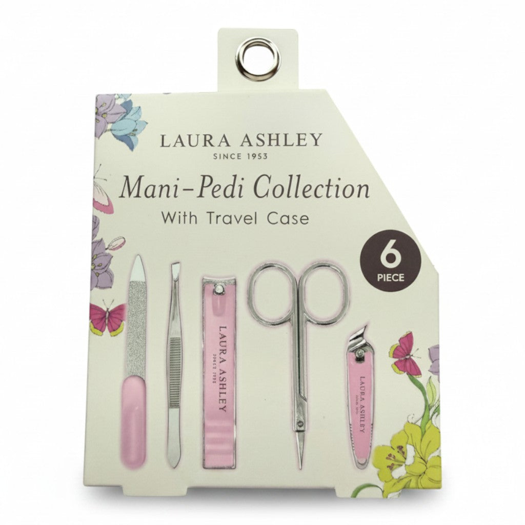 Mrs Best Paper Co. Laura Ashley 6-piece manicure and pedicure set with pink tools and floral travel case packaging