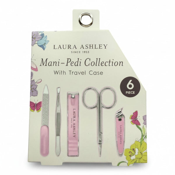 Mrs Best Paper Co. Laura Ashley 6-piece manicure and pedicure set with pink tools and floral travel case packaging