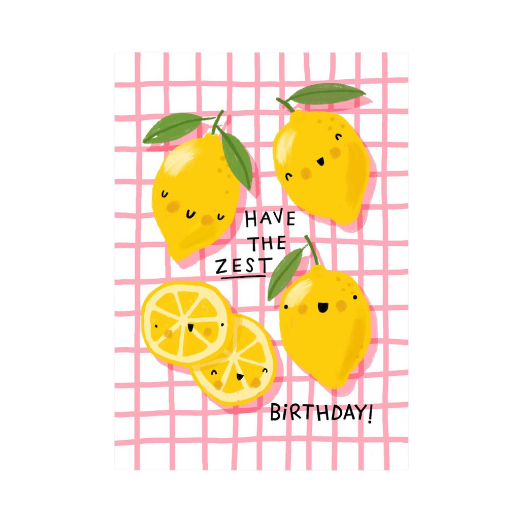 Mrs Best Paper Co. birthday card featuring cute illustrated lemons on a pink grid background with Have The Zest text.
