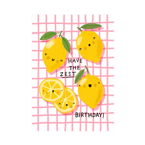 Mrs Best Paper Co. birthday card featuring cute illustrated lemons on a pink grid background with Have The Zest text.