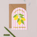 Mrs Best Paper Co. arched birthday card with yellow lemons on a pink striped background and gold foil text.