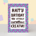 Mrs Best Paper Co. birthday card featuring a purple art deco fan pattern and the text Happy Birthday Marvellous Creature