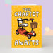 Mrs Best Paper Co. birthday card featuring a red mobility scooter illustration on a yellow background with text.