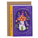 Mrs Best Paper Co. die-cut book-shaped housewarming card featuring a gnome and mushroom illustration with gold foil.