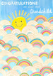 Mrs Best Paper Co. greeting card featuring a smiling sun and colorful rainbow arches on a blue background.